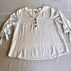 Christopher & Banks White Linen Blend Henley Blouse XL 3/4 Tie Sleeve